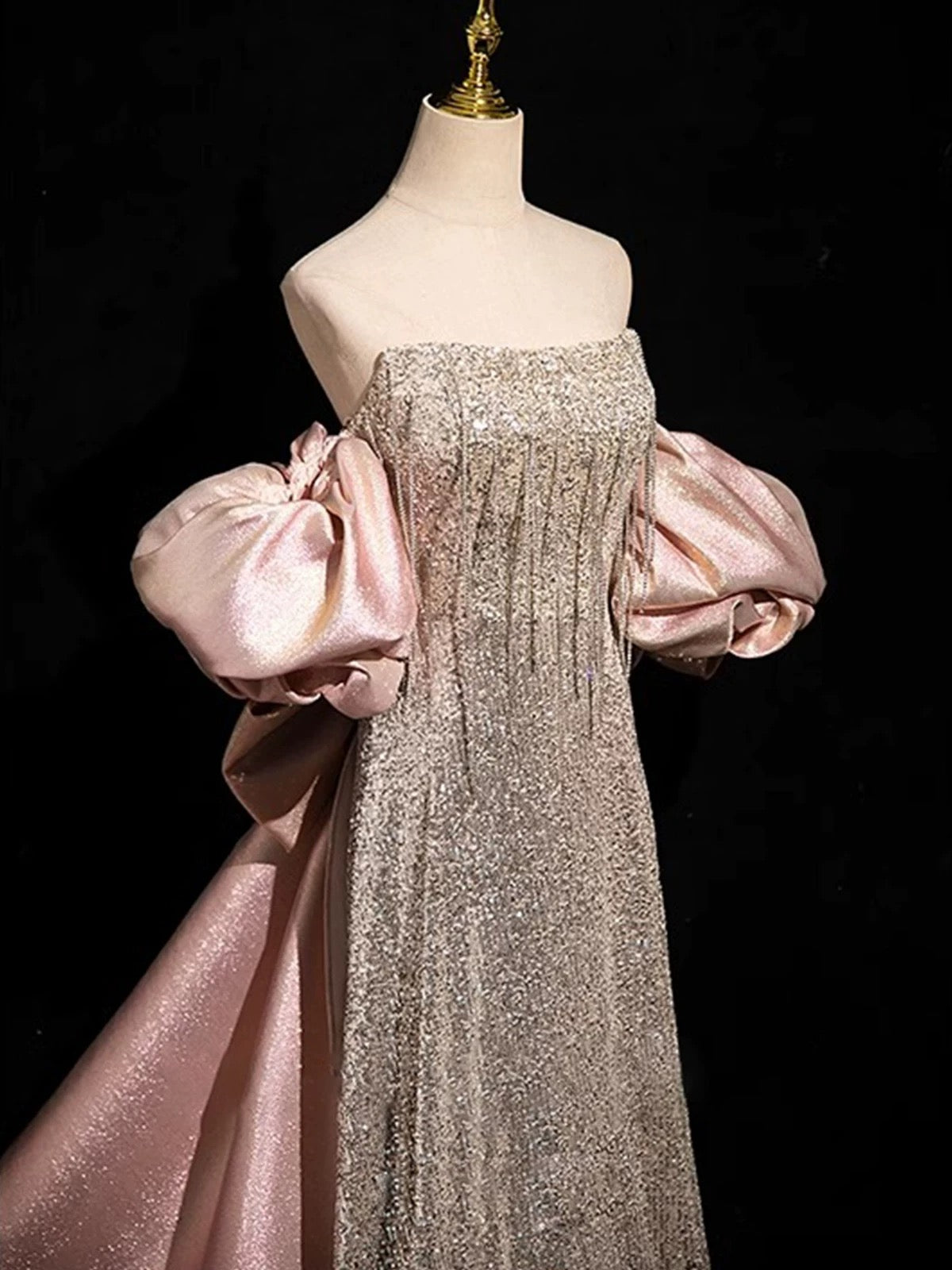 Sexy A-Linie Trägerlose Pailletten Lange Ballkleider Mit Ärmeln Partykleid Geburtstags-Outfits Abschlusskleid AU191