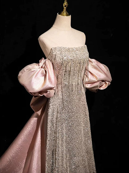 Sexy A-Linie Trägerlose Pailletten Lange Ballkleider Mit Ärmeln Partykleid Geburtstags-Outfits Abschlusskleid AU191
