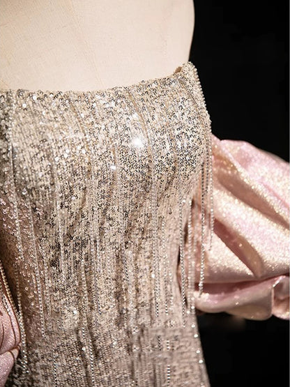 Sexy A-Linie Trägerlose Pailletten Lange Ballkleider Mit Ärmeln Partykleid Geburtstags-Outfits Abschlusskleid AU191