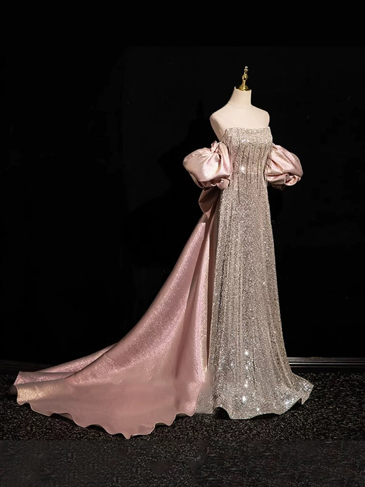 Sexy A-Linie Trägerlose Pailletten Lange Ballkleider Mit Ärmeln Partykleid Geburtstags-Outfits Abschlusskleid AU191
