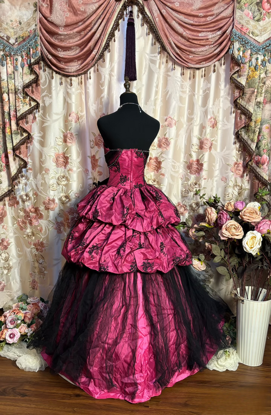 Retro Ball Gown Strapless Hot Pink Satin Black Tulle Long Prom Dresses 80s 70s Prom Gowns AU192
