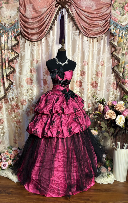 Robe de bal rétro bustier rose fuchsia en satin noir et tulle, longue, style années 70/80, AU192