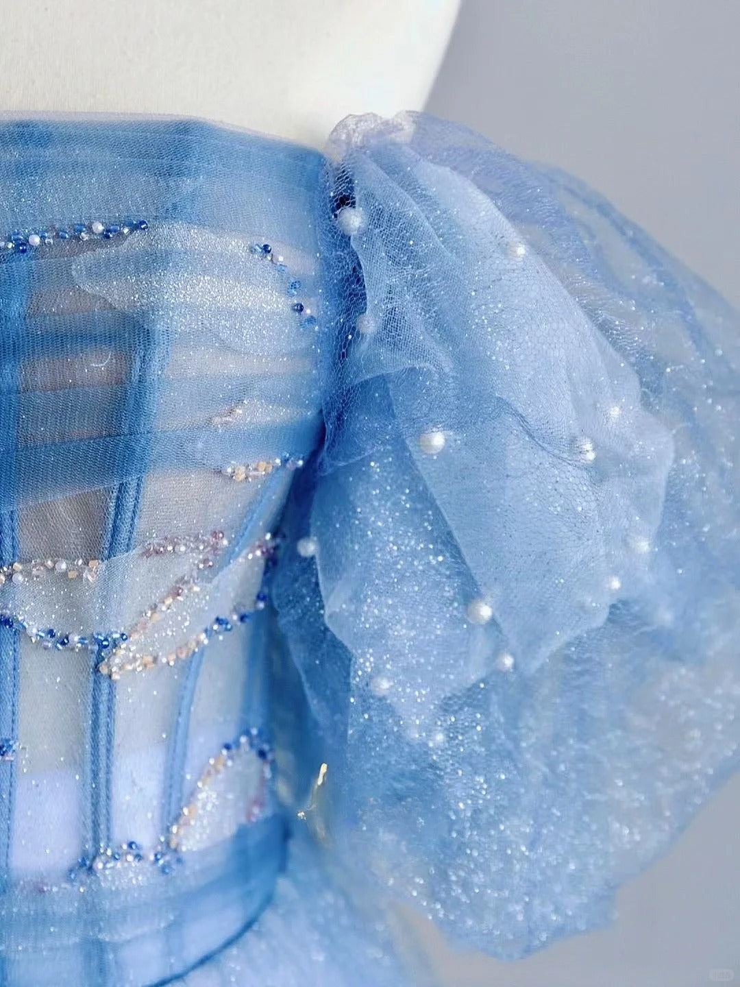 Pretty A line Off The Shoulder Blue Tulle With Sleeves Prom Dresses Long Evening Party Formal Outfits RB6622
