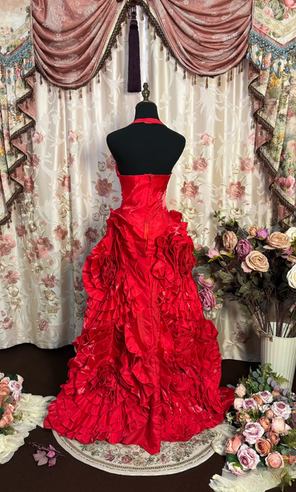 Retro Ball Gown Halter Red Satin With Silver Beads Long Prom Dresses 80s 70s Prom Gowns AU193