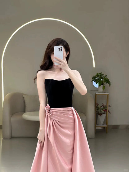 Sexy Meerjungfrau Sweetheart Rosa Satin Ärmelloses Abendkleid Inspiration Lange Party Formale Abendkleider AU195