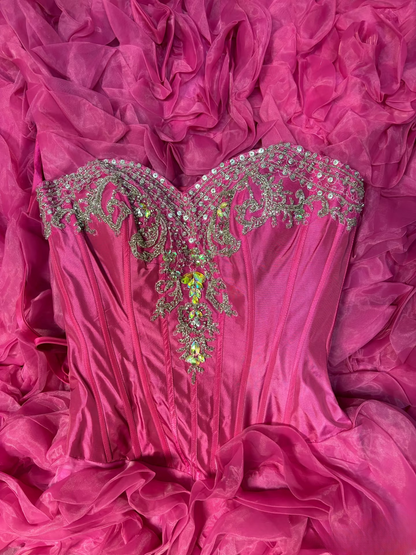Robe de bal chic en tulle rose fuchsia, décolleté cœur, longue, pour quinceañera, Sweet 15-16 ans, AU195