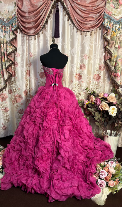 Robe de bal chic en tulle rose fuchsia, décolleté cœur, longue, pour quinceañera, Sweet 15-16 ans, AU195