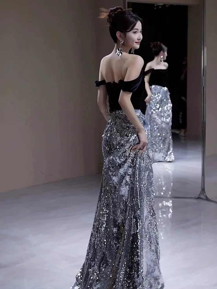 Sexy A-Linie Schulterfrei Silber Pailletten Lange Ballkleider Mit Ärmeln Partykleid Geburtstags-Outfits Abschlussballkleid AU196