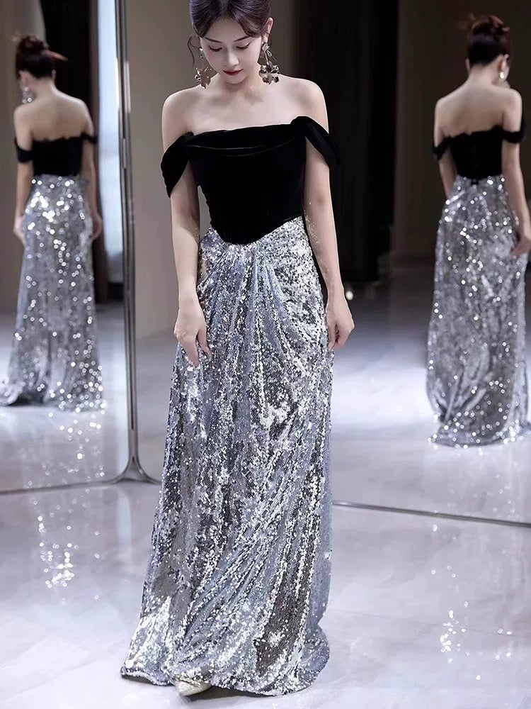 Sexy A-Linie Schulterfrei Silber Pailletten Lange Ballkleider Mit Ärmeln Partykleid Geburtstags-Outfits Abschlussballkleid AU196