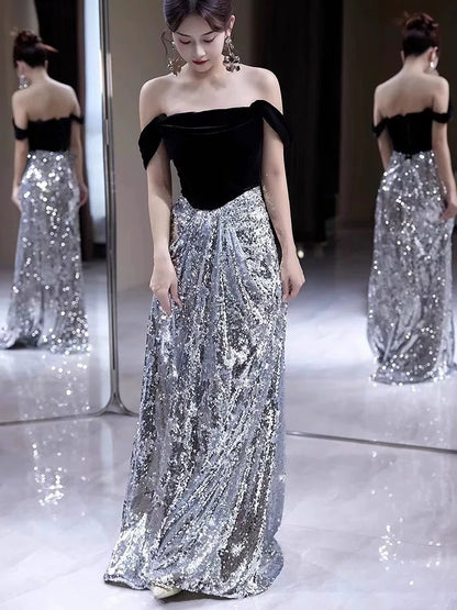 Sexy A-Linie Schulterfrei Silber Pailletten Lange Ballkleider Mit Ärmeln Partykleid Geburtstags-Outfits Abschlussballkleid AU196