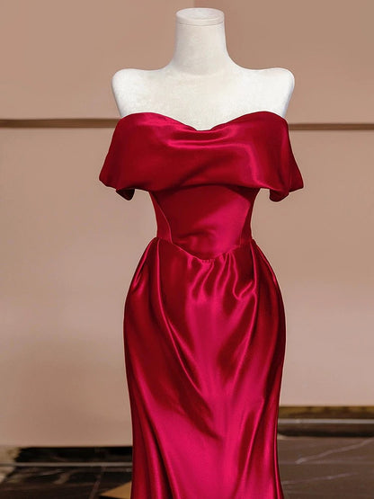 Modest Mermaid Off The Shoulder Red Satin Long Prom Dresses With Sleeves Party Dress Birthday Outfits Graduation Dress AU197
