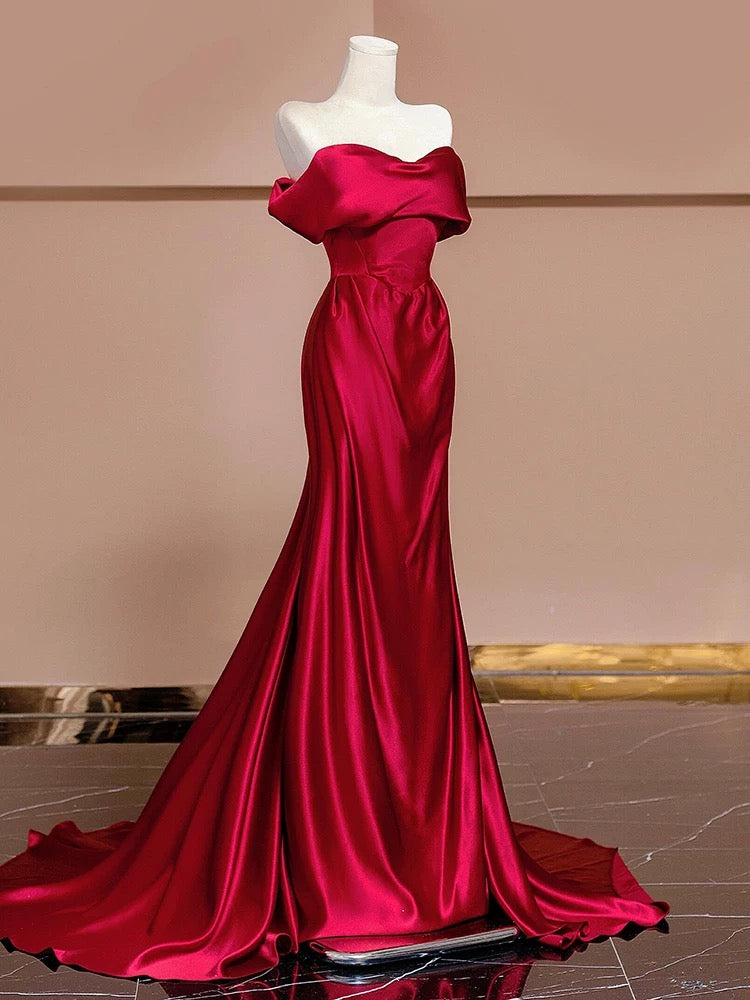 Modest Mermaid Off The Shoulder Red Satin Long Prom Dresses With Sleeves Party Dress Birthday Outfits Graduation Dress AU197