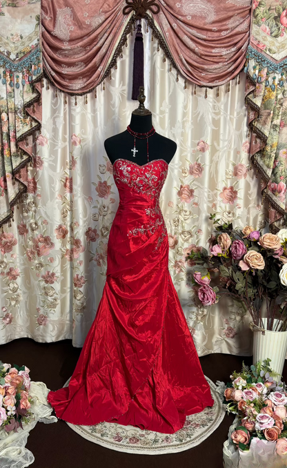 Robes de bal rétro sirène décolleté cœur, inspiration mode vintage, robes de bal longues en tulle rouge, robes de soirée, robes de bal AU197