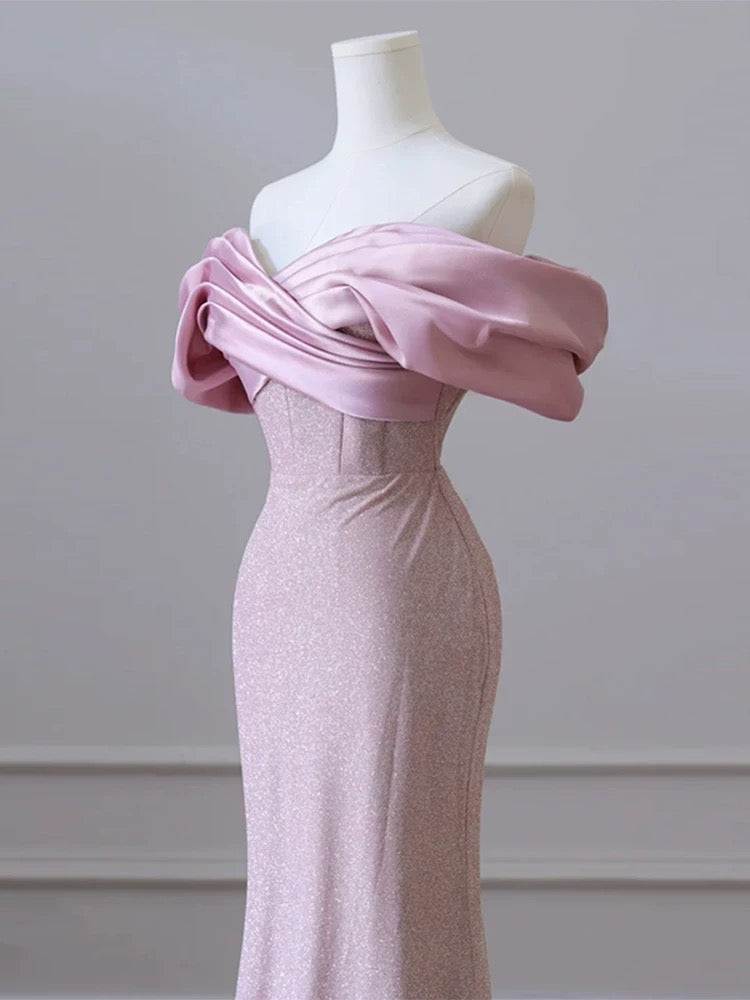 Modest Mermaid Off The Shoulder Pink Sequin Long Prom Dresses With Sleeves Party Dress 18th Birthday Outfits Graduation Dress AU199