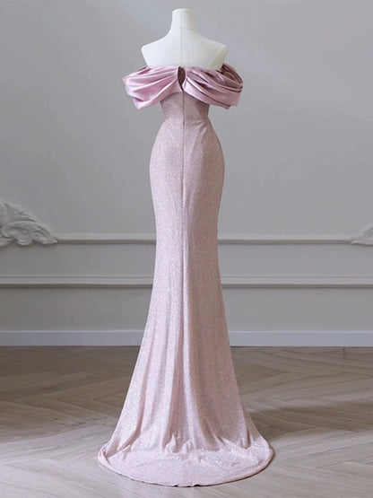 Modest Mermaid Off The Shoulder Pink Sequin Long Prom Dresses With Sleeves Party Dress 18th Birthday Outfits Graduation Dress AU199
