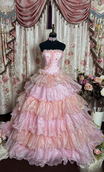 Robe de bal charmante, bustier, en tulle rose multicolore, ornée de perles, longue, idéale pour les quinceañeras et les 16 ans (AU199).