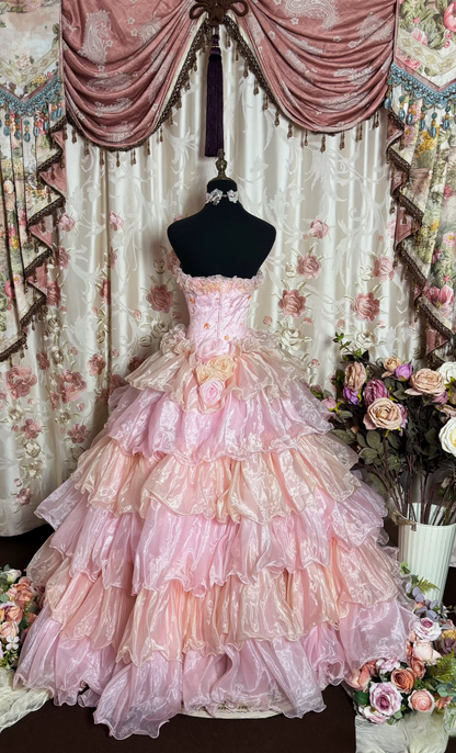 Robe de bal charmante, bustier, en tulle rose multicolore, ornée de perles, longue, idéale pour les quinceañeras et les 16 ans (AU199).