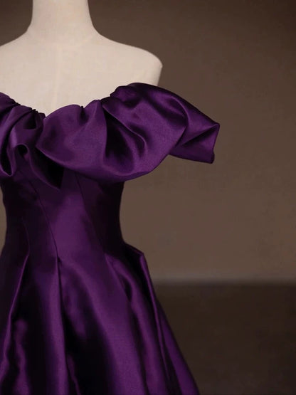 Modest Ball Gown Off The Shoulder Grape Satin Long Prom Dresses With Sleeves Party Dress 18th Birthday Outfits Graduation Dress AU200