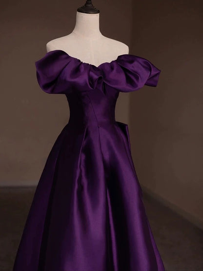 Modest Ball Gown Off The Shoulder Grape Satin Long Prom Dresses With Sleeves Party Dress 18th Birthday Outfits Graduation Dress AU200