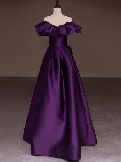 Modest Ball Gown Off The Shoulder Grape Satin Long Prom Dresses With Sleeves Party Dress 18th Birthday Outfits Graduation Dress AU200