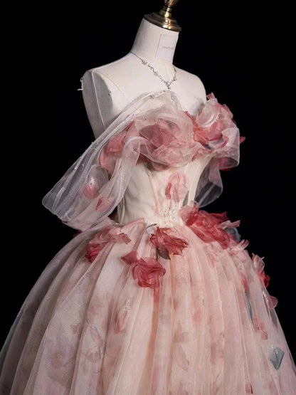 Modest Ball Gown Off The Shoulder Pink Tulle Long Prom Dresses With Sleeves Party Dress 18th Birthday Outfits Graduation Dress AU201