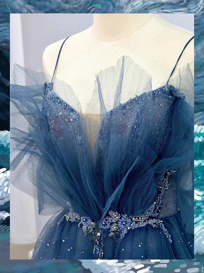 Sparkly A Line Spaghetti Strap Dusty Blue With Beading Tulle Prom Dresses Long Evening Party Formal Outfits RB6630