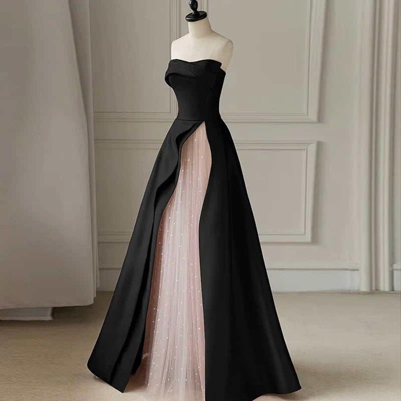 Robe de bal sexy bustier en satin noir, robe de bal longue et élégante, AU202
