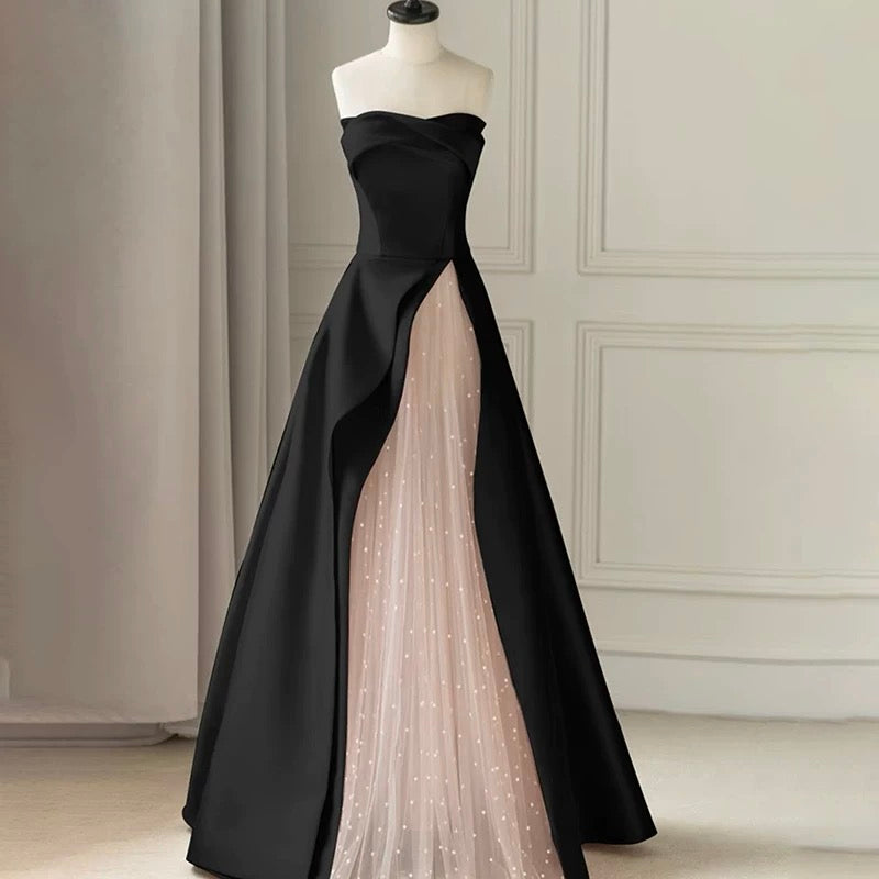 Robe de bal sexy bustier en satin noir, robe de bal longue et élégante, AU202