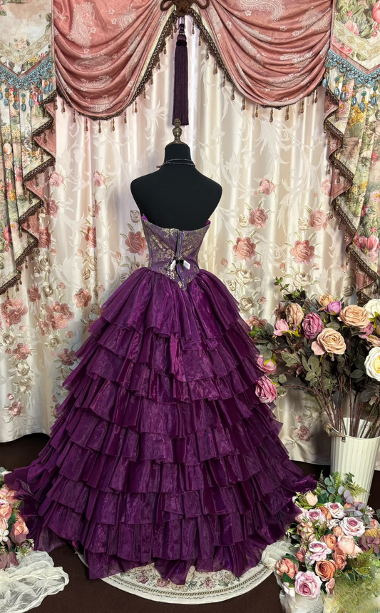 Vintage Ball Gown Strapless Grape Tulle Beaded Long Quinceanera Dress Sweet 15 16 Dresses AU202
