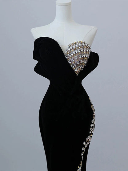 Elegant Mermaid Strapless Sleeveless Black Beads Long Prom Dresses Party Formal Graduation Dress AU203