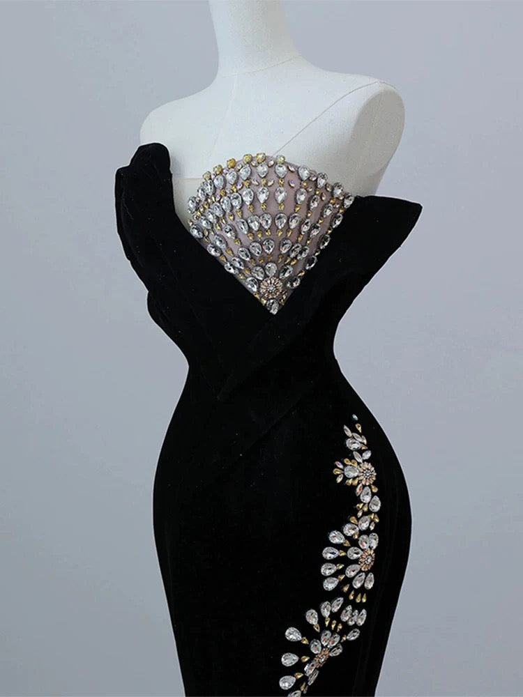 Elegant Mermaid Strapless Sleeveless Black Beads Long Prom Dresses Party Formal Graduation Dress AU203