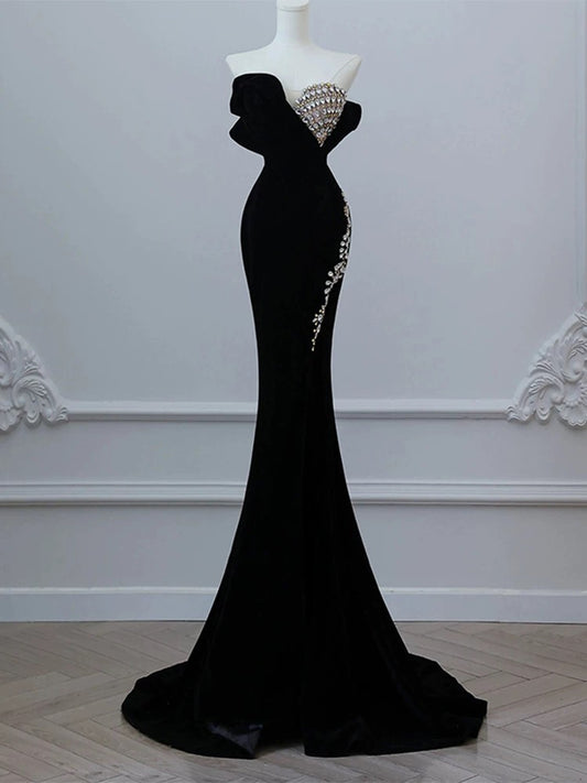 Elegant Mermaid Strapless Sleeveless Black Beads Long Prom Dresses Party Formal Graduation Dress AU203