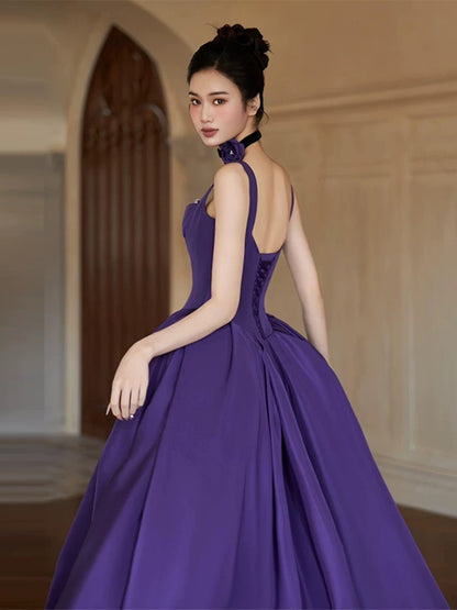 Modest Ball Gown Square Neck Grape Satin Long Prom Dresses Party Dress 18th Birthday Outfits Graduation Dress AU204