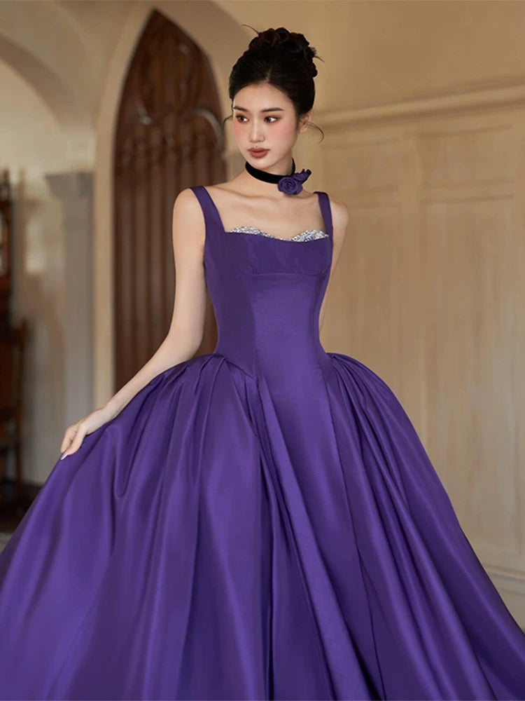 Modest Ball Gown Square Neck Grape Satin Long Prom Dresses Party Dress 18th Birthday Outfits Graduation Dress AU204