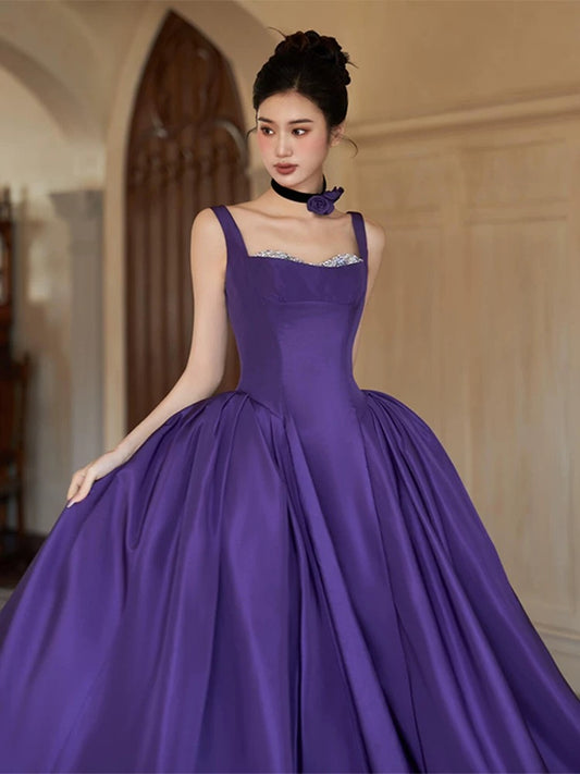 Modest Ball Gown Square Neck Grape Satin Long Prom Dresses Party Dress 18th Birthday Outfits Graduation Dress AU204