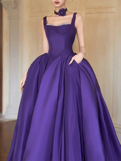 Modest Ball Gown Square Neck Grape Satin Long Prom Dresses Party Dress 18th Birthday Outfits Graduation Dress AU204