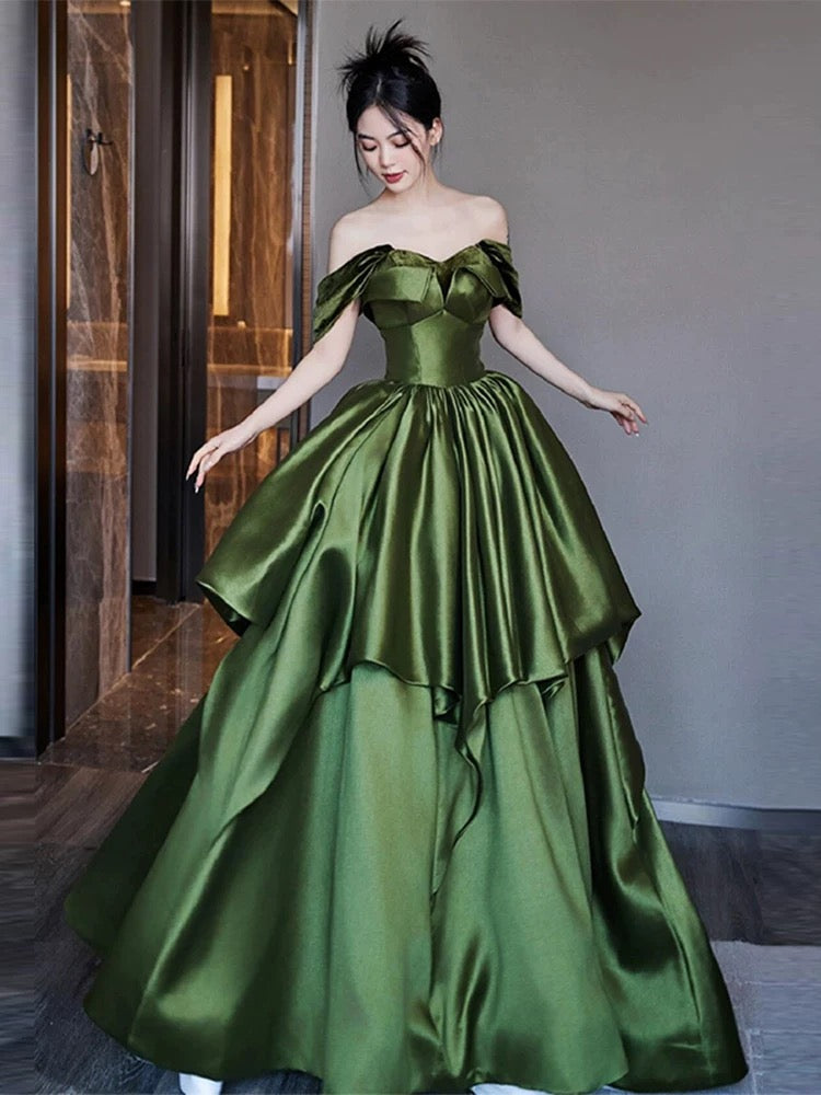 Bescheidenes Ballkleid aus schulterfreiem grünem Satin, lange Ballkleider, Partykleid zum 18. Geburtstag, Outfits, Abschlusskleid AU206