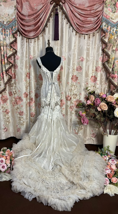 Retro Mermaid Strapless Tulle Lace Feathers 60s White Fitted Corset Wedding Dress Bride Gowns Wedding Dresses AU206