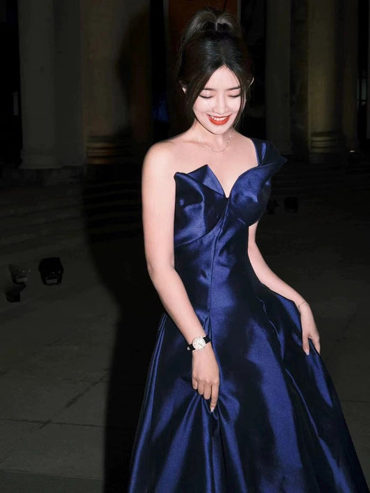 Classy A Line One Shoulder Navy Blue Satin Sleeveless Long Prom Dresses Party Formal Graduation Dress AU209