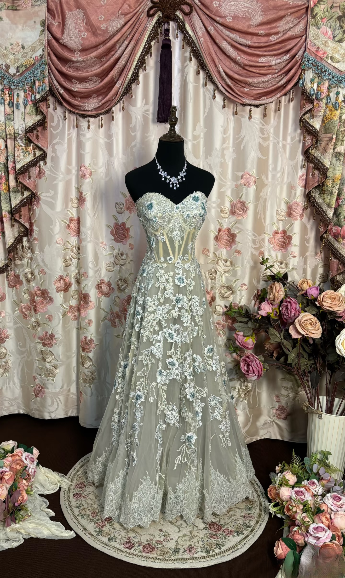 Retro A Line Strapless Gray Tulle With Lace Long Prom Dresses 80s 70s Prom Gowns AU208