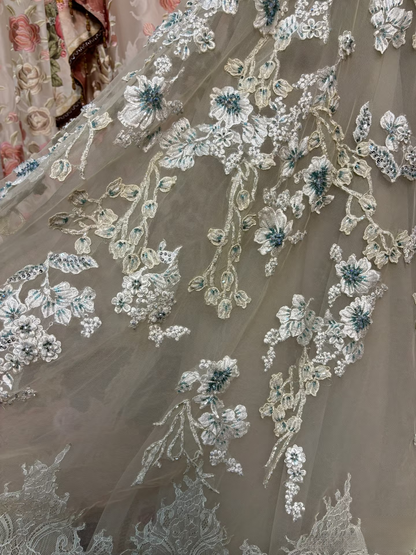 Retro A Line Strapless Gray Tulle With Lace Long Prom Dresses 80s 70s Prom Gowns AU208
