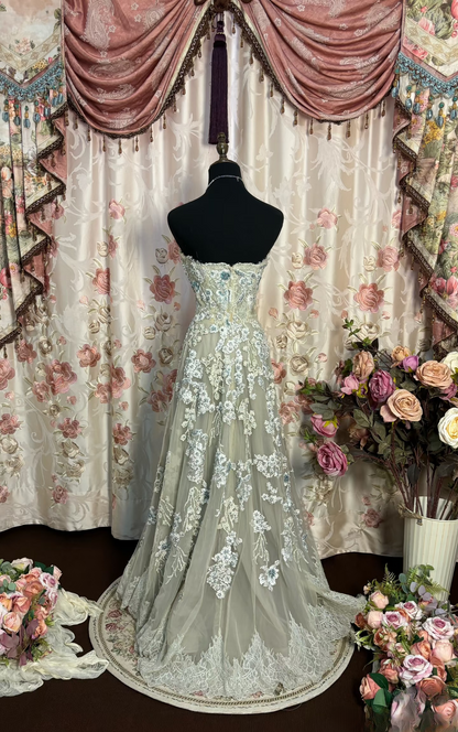Retro A Line Strapless Gray Tulle With Lace Long Prom Dresses 80s 70s Prom Gowns AU208