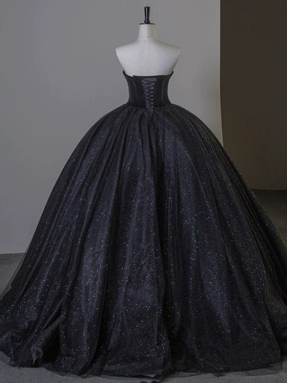 Sexy Ball Gown Sweetheart Black Tulle Silver Beads Prom Dress Inspiration Long Party Formal Prom Dresses AU211