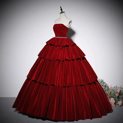 Charming Ball Gown Strapless Red Velvet Prom Dresses Inspiration Prom Dress Princess Graduation Dress AU212