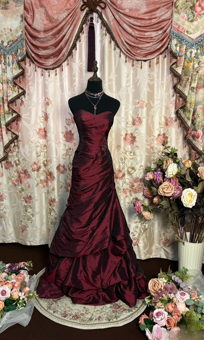 Vintage Prom Dresses 1950s Retro Classy Mermaid Sweetheart Inspo Burgundy Long Prom Gowns AU213