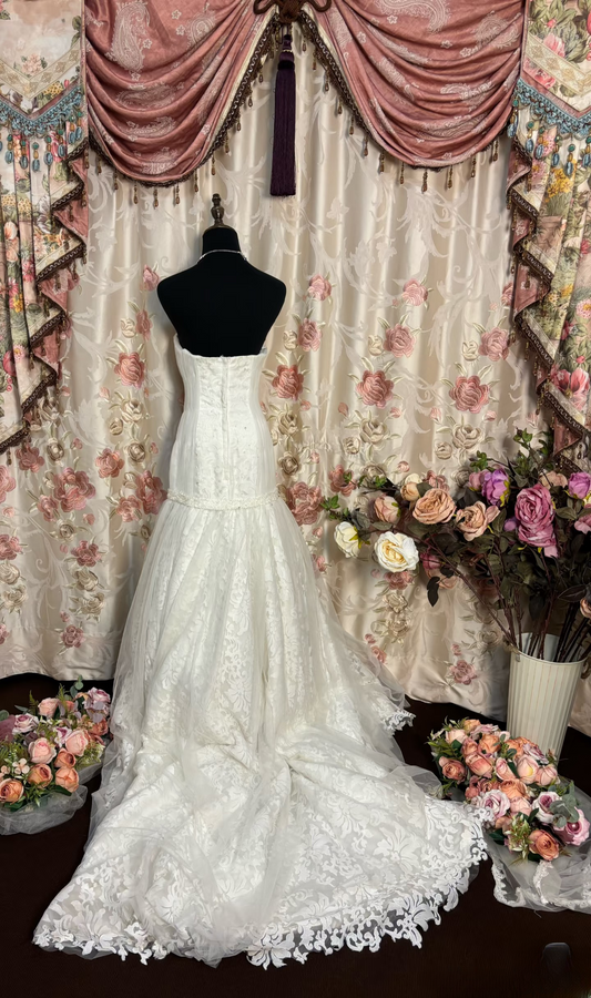 Retro Mermaid Strapless Tulle Lace 70s White Fitted Corset Long Wedding Dress Bride Gowns Wedding Dresses AU214