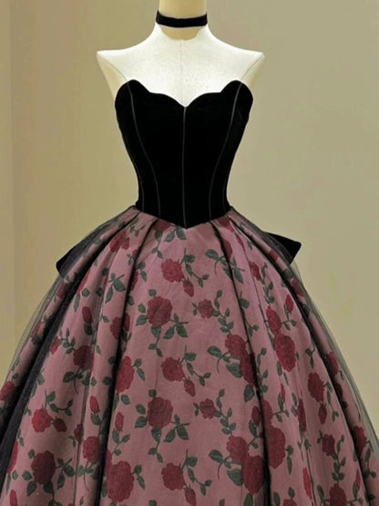 Sexy Ballkleid Sweetheart Schwarz Samt Rosa Blumen Prom Kleid Inspiration Lange Party Formale Prom Kleider AU216