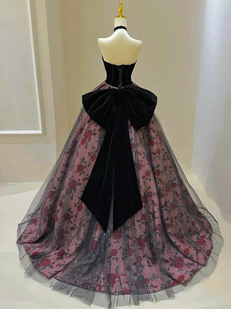 Sexy Ballkleid Sweetheart Schwarz Samt Rosa Blumen Prom Kleid Inspiration Lange Party Formale Prom Kleider AU216