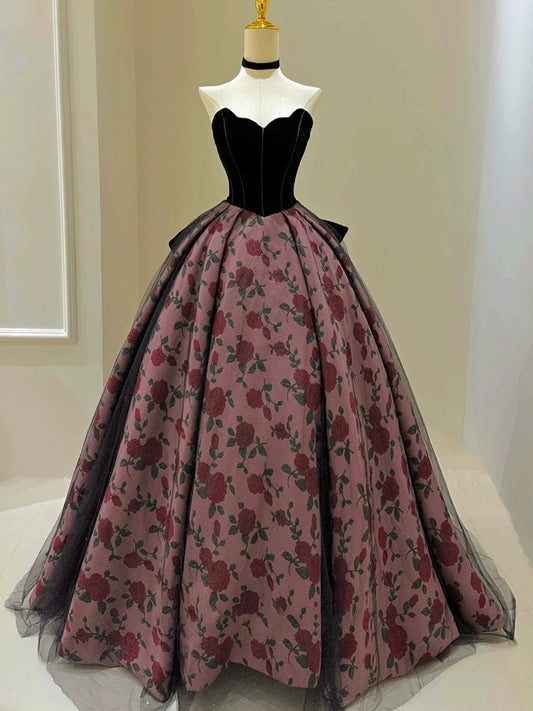 Sexy Ball Gown Sweetheart Black Velvet Pink Floral Prom Dress Inspiration Long Party Formal Prom Dresses AU216