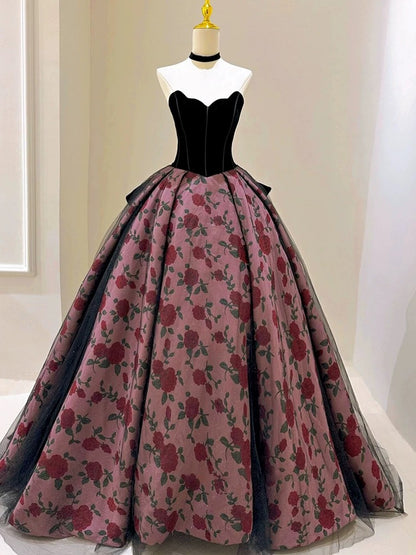 Sexy Ballkleid Sweetheart Schwarz Samt Rosa Blumen Prom Kleid Inspiration Lange Party Formale Prom Kleider AU216